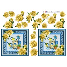 Blomster - Fugle med gule roser i ramme